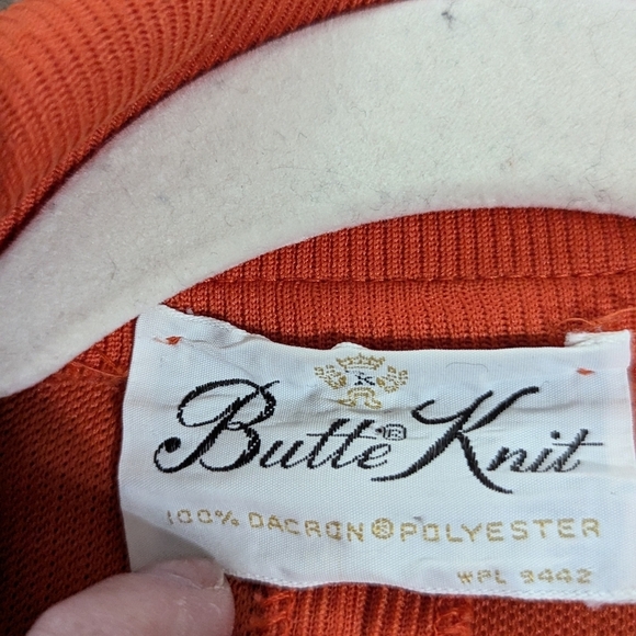 Vintage 1970s Butte Knit Orange Pantsuit Two Piece Set Mod Retro Wide Leg Blazer - Picture 8 of 14